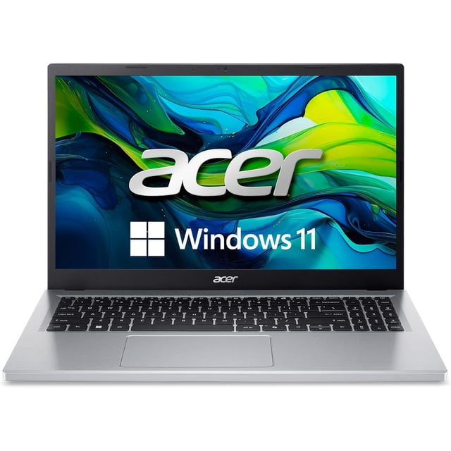 laptop acer aspire go 15 slim 5.6 fhd (1920 x 1080) ips, intel core i3-n30, gráficos intel uhd, 8gb lpddr5, 128gb ufs, wi-fi 6, pc ai, windows 11 home en modo s. Vista frontal centrada, pantalla IPS Full HD de 15.6 pulgadas con biseles estrechos y fondo gráfico, carcasa y reposamanos en gris, teclado con teclado numérico y touchpad rectangular, logotipo Acer bajo la pantalla y cámara web en el bisel superior. A menudo usado como opción compacta para trabajar y viajar.