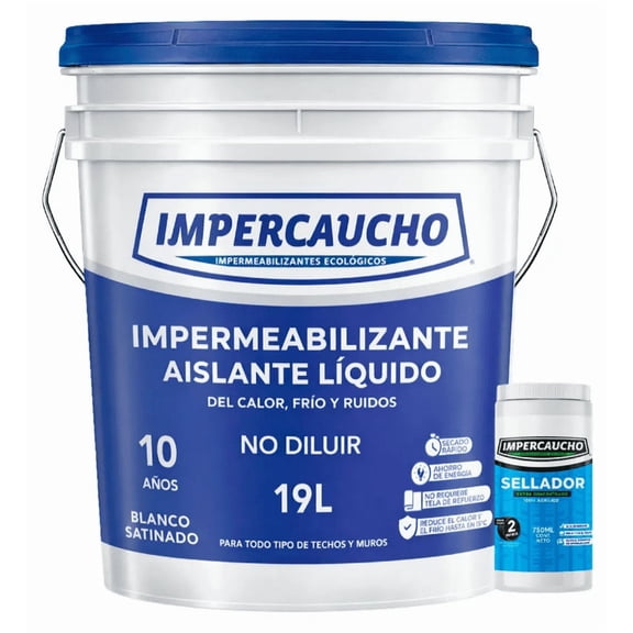 Impermeabilizante Impercaucho Aislante Térmico de Calor, Frío y Ruido 10 Años Blanco 19 L con Sellador 750 ml