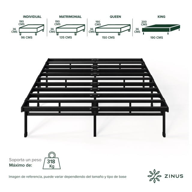 base de cama king size zinus justin de metal resistente montaje fácil para todas las edades. Vista 3/4 frontal de estructura metálica negra minimalista con 9 tiras transversales de acero, patas centrales y laterales, y 36 cm de altura libre para almacenamiento. Soporta hasta 315 kg; incluye piezas, herramientas e instrucciones. A menudo usada también para organizar cajas de almacenaje bajo la cama.