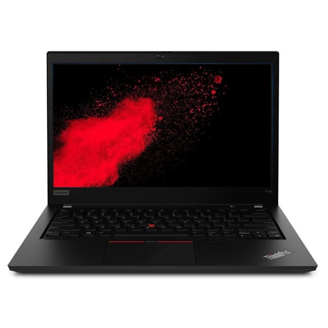 laptop workstation lenovo thinkpad p14s g1 14 intel core i7-10310u con 32gb de ram y 980gb ssd de almacenamiento + tarjeta grafica nvidia quadro p520 -reacondicionado- Reacondicionado frontal, portátil ThinkPad P14s negra abierta en vista centrada con pantalla encendida mostrando salpicadura roja, teclado con TrackPoint rojo, panel táctil y logo ThinkPad; procesador Intel Core i7-10310U, 32GB RAM, 980GB SSD, adecuada como estación móvil para edición y tareas CAD ligeras.