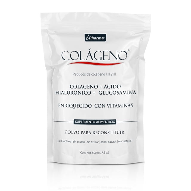 polvo con péptidos de colágeno l ll lll y ácido hialurónico colágeno en bolsa sellable blanca, vista frontal centrada con logo Colágeno y rótulos 'COLÁGENO + ÁCIDO HIALURÓNICO + GLUCOSAMINA', 'ENRIQUECIDO CON VITAMINAS' y 'POLVO PARA RECONSTITUIR'; suplemento alimenticio para apoyar articulaciones y la hidratación cutánea, también suele usarse como complemento de rutina de belleza diaria.
