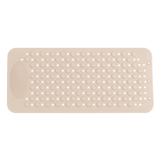 tapete para baño virk beige tapete rectangular de PVC beige con orificios de drenaje y puntas redondas para masaje de pies. Zona ovalada texturizada antideslizante en un extremo, borde biselado y ventosas visibles en la base; adecuado para ducha, interior y exterior y suele usarse también en áreas de relajación en casa.