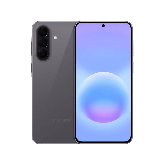 smartphone samsung galaxy a57 5g 8+256 gb gris desbloqueado frente y reverso; teléfono gris con pantalla Super AMOLED Plus de 6.7" y orificio central para cámara selfie, módulo trasero vertical de tres lentes (50 MP principal) y flash, bordes delgados y logotipo Samsung; diseñado para 5G, multimedia y multitarea, y a menudo usado para streaming y fotografía móvil.