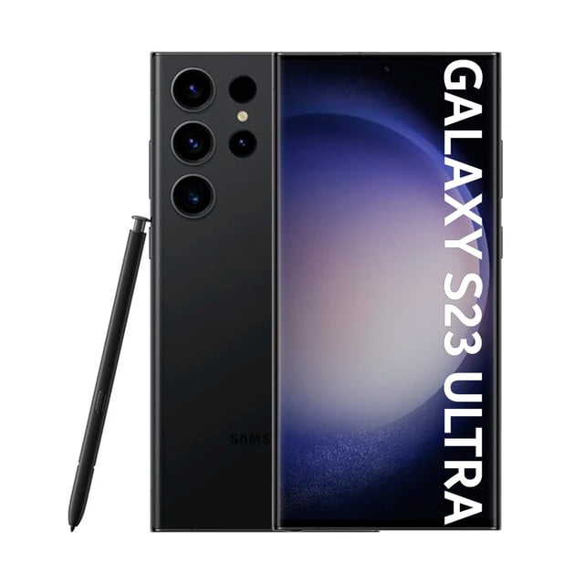 smartphone samsung galaxy s23 ultra 256gb 12ram dual sim negro vista frontal y trasera con S Pen a la izquierda, pantalla Dynamic AMOLED 2X de 6.8 pulgadas, cámara trasera cuádruple con sensor principal de 200 MP y teleobjetivos, acabado negro mate y sistema Android.