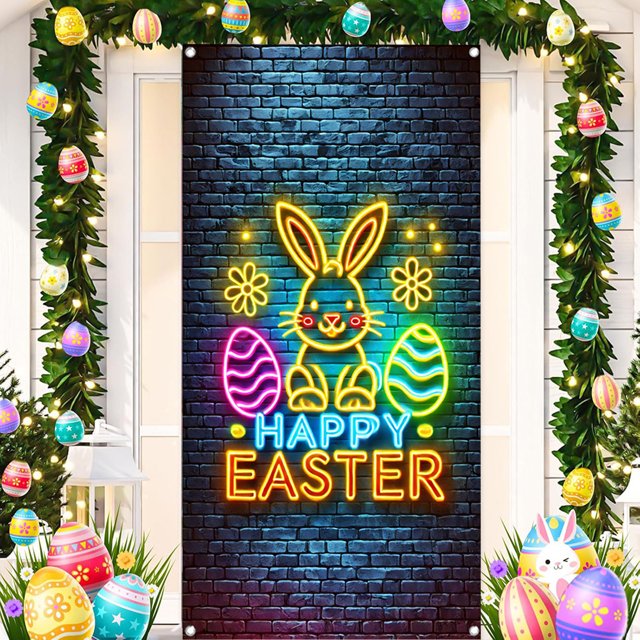 decoraciones de pascua, adornos de pascua, regalos de pascua fondo de pascua tela poliéster ancho Multicolor 90x180 cm banner frontal centrado de poliéster con diseño tipo neón de conejito y dos huevos sobre fondo de ladrillo oscuro, texto 'HAPPY EASTER', ojales en las esquinas para colgar; mostrado en marco de puerta con guirnaldas y huevos decorativos, ideal para puertas, paredes o entradas en fiestas de Pascua, también suele usarse para fondos de foto en eventos.