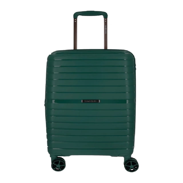 maleta samsonite carry on verde horizons spinner 55 exp maleta de cabina Amazon Green, vista frontal centrada con asa telescópica extendida; carcasa rígida acanalada en líneas horizontales, 4 ruedas dobles spinner y base expandible; placa frontal con logo y componentes en color combinado, candado TSA integrado. Interior con panel divisor y cintas cruzadas; forro interior hecho con materiales reciclados, capacidad 40 L, 100% polipropileno. Apta para equipaje de mano en viajes cortos.