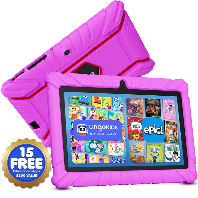 tablet infantil contixo v8-2 7 pulgadas 16 gb rom android color rosa con funda protectora, vista 3/4 frontal y trasera; pantalla HD 7" (1024 x 600) muestra apps educativas como LingoKids y Epic, cámara frontal centrada, puertos y ranura microSD visibles, control parental y conectividad WiFi y Bluetooth, diseño acolchado resistente ideal para niños; también suele usarse como tablet de viaje para entretenimiento y aprendizaje en trayectos cortos.