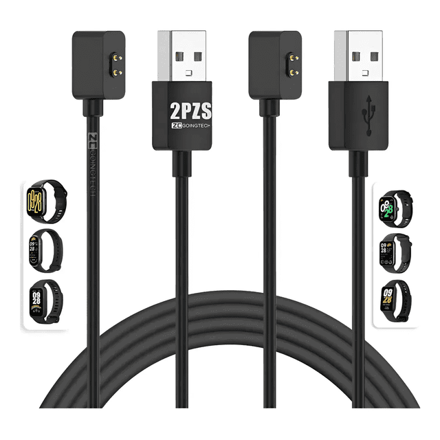 2pzs cargador para redmi watch 6/5/4/5 3 active/5 3 lite/band 3/band 2,para xiaomi smart band 10/9/8/9 8 active/9 8 pro.negro/negro cable USB A de 1 m en negro con conector magnético de dos pines y contactos dorados, cuerpo rectangular con marca "2PZS", funda ABS/PVC y cable de cobre visible en el extremo, vista frontal de dos cables enrollados sobre fondo blanco con pequeñas imágenes de los relojes compatibles.