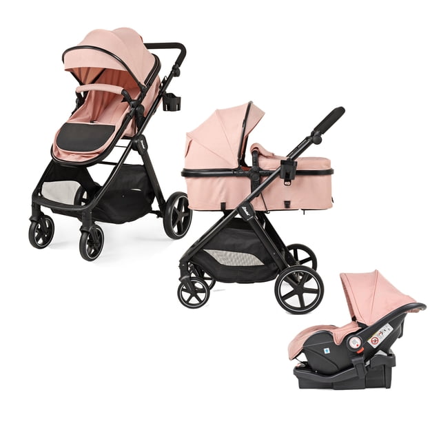carriola para bebé convertible a bambineto y autoasiento sistema de viaje d'bebé travel system king rosa en tres vistas: asiento reversible y capota rosa sobre chasis negro, bambineto rosa montado en el chasis y autoasiento 1ª etapa con base; manubrio ajustable, arnés de 5 puntos, barra frontal, cubre pies desmontable, freno trasero centralizado y canastilla amplia, también suele usarse para transportar accesorios de paseo.