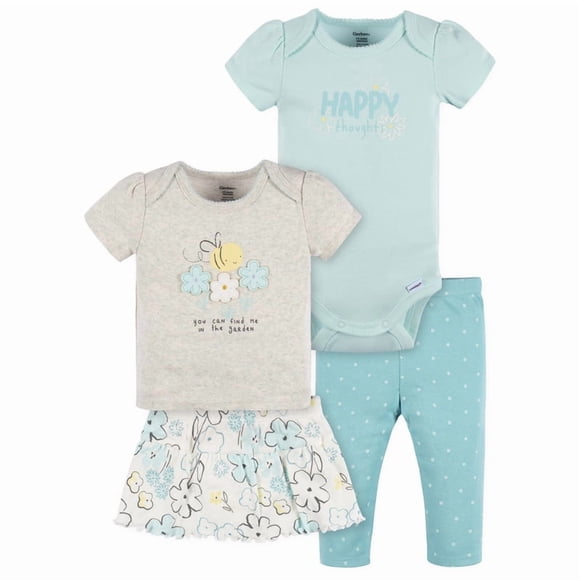 Set Gerber 1 Pañalero, 1 Playera, 1 Pantalón y 1 Falda Niña Talla 3-6M