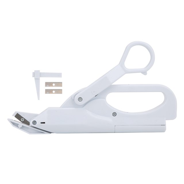 fabric scissors, garment fabric shear sewing scissors, paper for fabric carpet leather anggrek otros Tijeras eléctricas domésticas blancas en vista lateral; mango con asa en bucle, pivote y carcasa con cubierta de seguridad, regla posicionadora desmontable y dos hojas metálicas repuesto visibles; requiere 2 x pilas AA (no incluidas) y corta papel, tela y cuero hasta 2.5 mm; también apropiadas para cortar plantillas y manualidades.