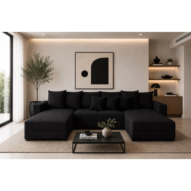 sala esquinera modular en u el bazar store oslo lino negro 160x290x160 cm 3 piezas Frente centrado de sala esquinera en U tapizada en lino negro, compuesta por tres piezas independientes con brazos cuadrados; incluye 6 cojines de respaldo desplegables y 3 cojines decorativos. Asientos con espuma de alta densidad y estructura de pino especificada; ambientada sobre alfombra clara con mesa baja y cuadro geométrico. Medidas: 290 cm largo, 80 cm alto, 160 cm ancho izquierdo, 160 cm ancho derecho. Suele usarse para crear zonas de conversación en salas amplias.