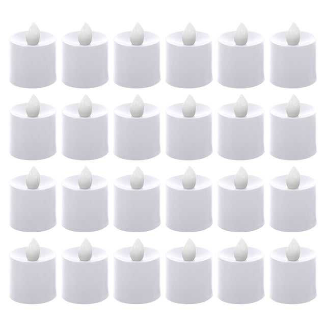paquete de 24 velas led a batería color naranja para halloween xihbxyly con calabazas blancas — paquete frontal de 24 velas de té LED a batería (vaso cilíndrico corto) mostradas en filas; cuerpos visibles en blanco con llamas plásticas, pensadas para decoración de Halloween y también adecuadas para centros de mesa o escenas de temporada.
