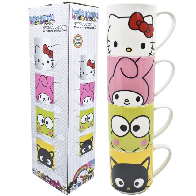 juego de 4 tazas de porcelana ambient 21 hello kitty & friends multicolor 330 ml Vista frontal 3/4 de cuatro tazas apilables de 330 ml con ilustraciones: blanca con Hello Kitty y moño rojo, rosa con My Melody, verde con Keroppi y amarilla con gatito negro; asas a la derecha y caja de regalo impresa al lado; también suelen usarse como porta-utensilios de cocina.