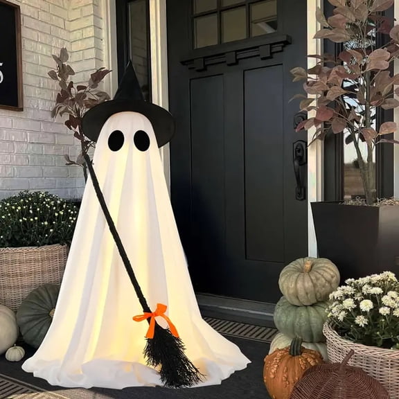 Decoraciones de Halloween Fantasma con Bruja | Temporizador de luces LED | Decoración interior exterior para casa con jardín delantero | Detalles realistas | Plástico de tela resistente a la