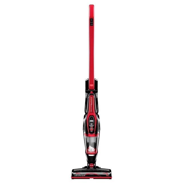 aspiradora de barra bissell featherweight inalámbrica xrt 14,4 v 3079 Aspiradora de barra inalámbrica BISSELL Featherweight XRT 14,4 V en negro y rojo, vista frontal centrada. Silueta delgada con tubo largo rojo, cuerpo central con depósito transparente para polvo y controles visibles, cabeza de piso plana con rodillo. Empuñadura plegable de dos direcciones y aspiradora de mano extraíble; batería de 14.4 V indicada en el conjunto. A menudo usada para limpieza rápida en hogares con mascotas.