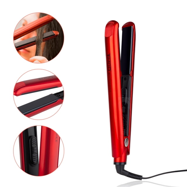 plancha de cabello timco® ceramic + carbón activado antifriz pk-r en 3/4 vertical; placas flotantes de cerámica con infusión de carbón activado en negro, carcasa de plástico reforzado color rojo, control lateral con botón de encendido y ajuste hasta 210°c (410°F). Incluye vistas de detalle de las placas y uso sobre un mechón; a menudo se usa para alisar mechones en viaje.