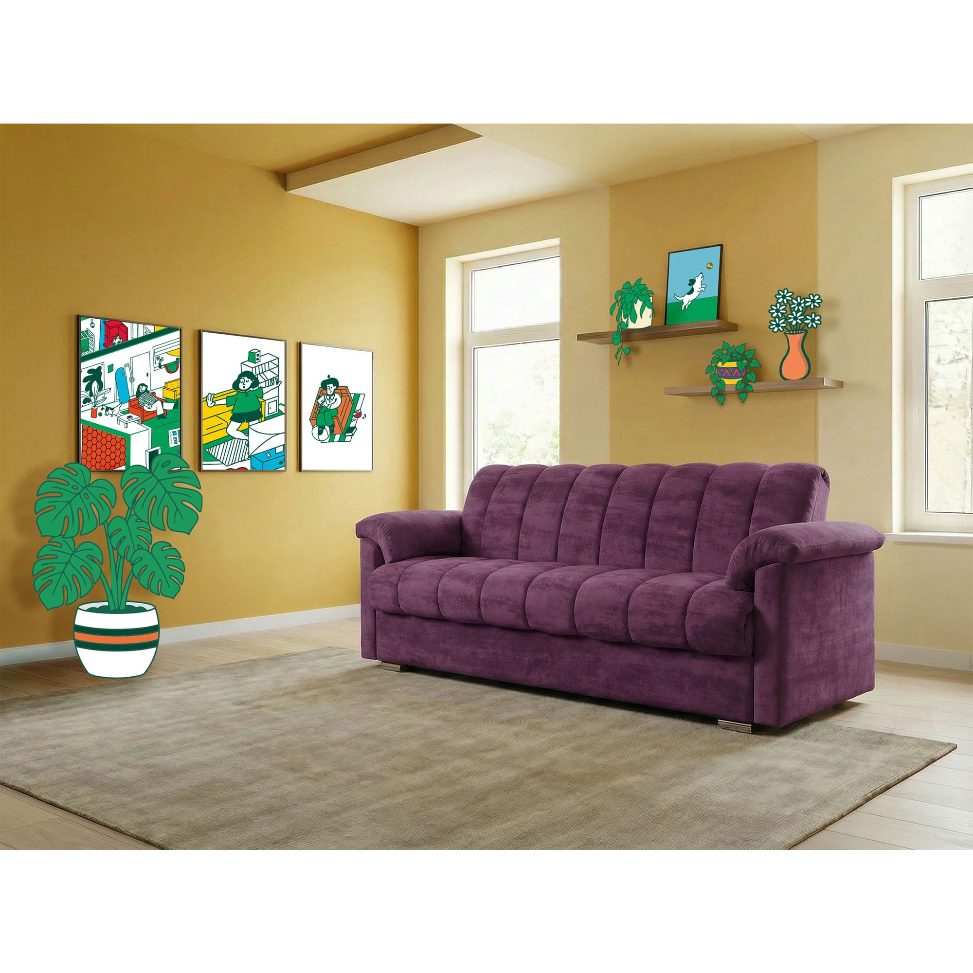 Sofá Cama de velvet Morado Makora Modelo Mercury Varias Posiciones