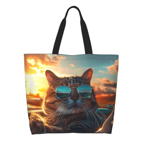 Easygdp Cool Cat Driving Sunset Bolsas Tote para Mujer, Bolsos de Hombro para Viaje, Bolsos de Mano de Gran Capacidad para Compras y Trabajo