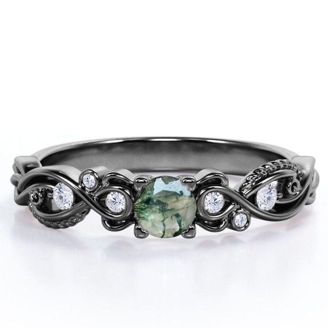 JeenMata Anillo de Compromiso Victoriano con 7 Piedras de 1,75 ct, Ágata Verde Musgo y Moissanita en Baño de Oro Negro de 18 K sobre Plata