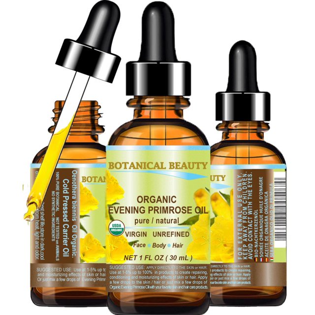 aceite de onagra botanical beauty, 30 ml, ecológico frasco ámbar con gotero negro; etiqueta frontal que muestra "Organic Evening Primrose Oil" y "Virgin Unrefined"; vista frontal centrada con dos frascos parciales detrás y una pipeta con una gota amarilla; uso tópico cosmético para rostro, cuerpo y cabello y adecuado para formular jabones o mezclas para masaje.