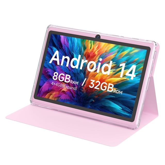 hottablet tablet 7 pulgadas android 14.0 con funda protectora, 8 gb (4+4 gb expandidos) ram+ 32 gb rom, pantalla ips, cámara dual, bluetooth 5.0 wifi tab (rosa) Vista 3/4 frontal de la tablet Android rosa con funda folio plegada como soporte; pantalla IPS de 7 pulgadas muestra gráfico colorido y texto "Android 14 8GB | 32GB"; cámara frontal centrada en el bisel superior y borde de funda transparente. A menudo usada como tablet Android para reproducción de video y lectura ligera.