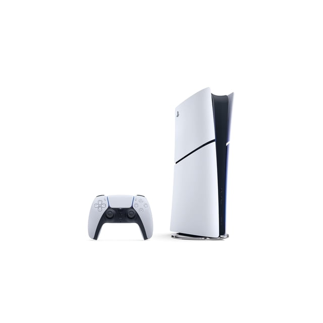 consola de videojuegos playstation ps5 digital edition 825gb consola vertical blanca con silueta curva y banda de luz azul junto a un control inalámbrico DualSense blanco en primer plano sobre fondo blanco, frecuentemente usada para juegos digitales y streaming doméstico.