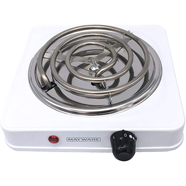 parrilla electrica sencilla marca rca rca hy/1000a parrilla eléctrica individual blanca, vista frontal cenital con resistencia en espiral cromada, plato recolector metálico, luz indicadora roja y perilla negra de temperatura; unidad compacta y ligera, ideal para cocineta, camping o viajes.