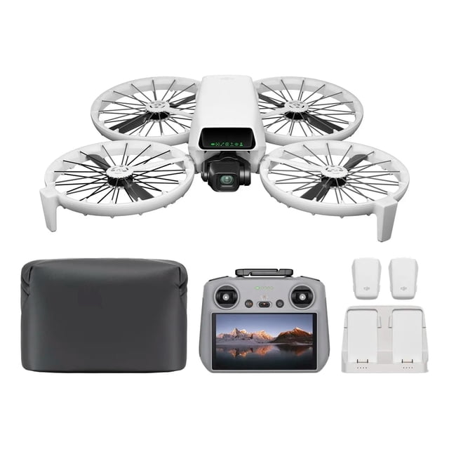 dji flip fly more combo (dji rc 2) (gl) Combo de dron gris con cámara 4K visto frontal; dron de cuatro rotores con protectores de hélice de fibra de carbono ligera, gimbal y lente frontal, control remoto DJI RC 2 con pantalla integrada, dos baterías adicionales, base de carga doble y funda de transporte gris, sensor CMOS 1/1.3" y vídeo HDR 4K/60fps; compacto y ligero, adecuado para viajes y seguimiento de sujetos.