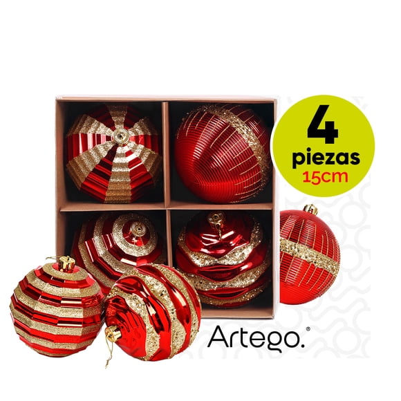 Esferas para árbol de navidad Artego extra grandes de 15 cm de diámetro paq 4 esferas Circus * Línea Caramel 4 acabados distintos, en tonos rojo y dorado, para colgar Christmas ornaments