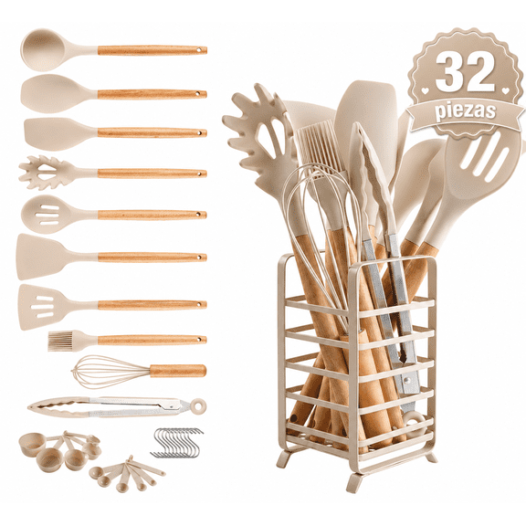 Juego de utensilios de cocina Hecef 32 piezas silicona grado alimenticio con soporte