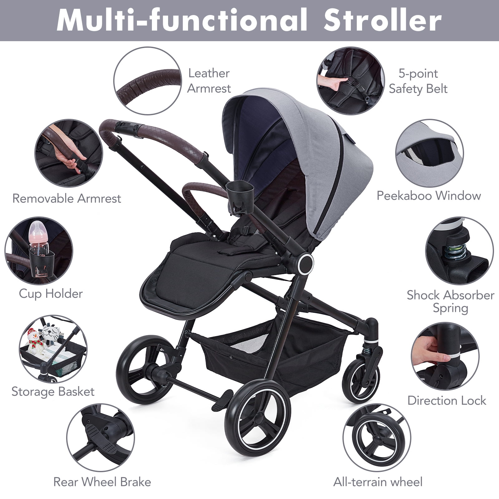 Cochecito convertible 2 en 1 para bebé – asiento reversible, capazo plegable con una mano, respaldo reclinable, capota XL UPF 50+, reposapiés ajustable, cesta de almacenamiento