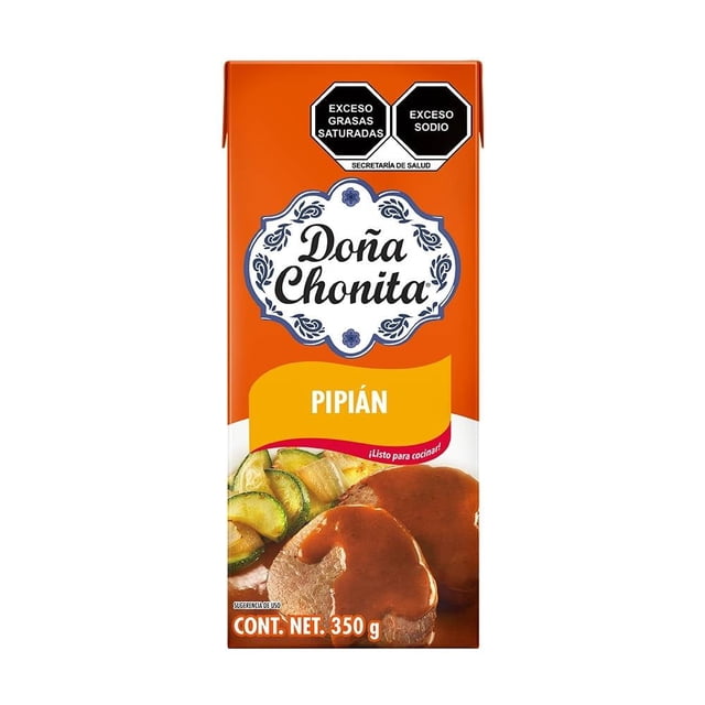 pipián la costeña doña chonita 350 g caja vertical naranja y blanca con logo Doña Chonita, franja amarilla que indica PIPIÁN, fotografía de rebanada de carne bañada en salsa pipián acompañada de calabacitas, sellos de advertencia frontales y leyenda de contenido neto 350 g.