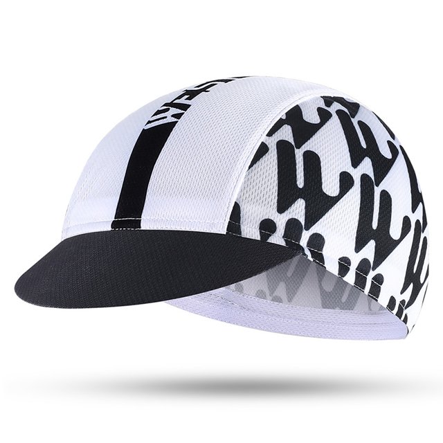 gorra ciclista gorra de ciclismo ultraligera para adultos bajo el casco, sombrero de bicicleta trans Color B, vista 3/4 con visera negra de 5.5 cm y cuerpo de malla de poliéster blanco con estampado negro, banda elástica interior para cabeza 52-62 cm, ligera y apta como forro bajo casco y para ciclismo y actividades al aire libre.