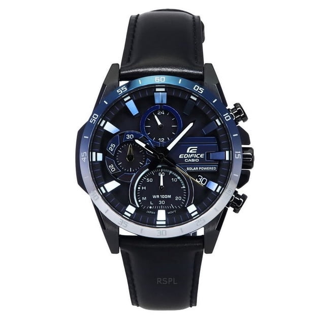 casio edifice nighttime drive series analog chronograph black dial solar eqs-940nl-1a 100m men's watch Vista frontal del Casio Edifice EQS-940NL-1A con esfera negra y tres subesferas (24 h, cronógrafo de 1 s y contador de minutos), manecillas y marcadores luminiscentes, ventana de fecha y medidor de batería. Caja de acero inoxidable con bisel ionizado azul recubierto en carburo de titanio, cristal mineral y correa de piel genuina con hebilla; 100M de resistencia y carga solar. También suele usarse como reloj de viaje por su autonomía solar.