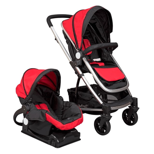 carriola travel system d´bebe crown rojo Portabebé 3 en 1 con carriola y autoasiento en rojo y negro. Vista 3/4 frontal: silla reclinada en dos posiciones (mirando al frente o hacia ti) con toldo extendible, arnés de 5 puntos, barra frontal desmontable, freno trasero de un toque y amplia canastilla; autoasiento con base para auto y capota plegable. Ideal también como opción compacta para traslado de recién nacido.