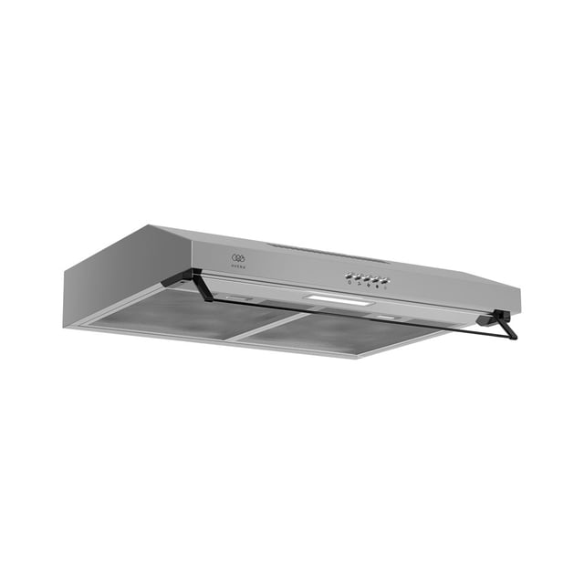 campana pared 60cm de cocina extractora y purificadora avera cea60 acero inox carbón activado Campana de pared Avera de 60 cm en acero inoxidable plateado, vista frontal en 3/4 con panel inferior que muestra filtros metálicos lavables, botones frontales para 3 niveles de velocidad y lámpara central; configurada como extractora y fácilmente convertible a purificadora, adecuada también para mejorar ventilación en cocinas pequeñas.
