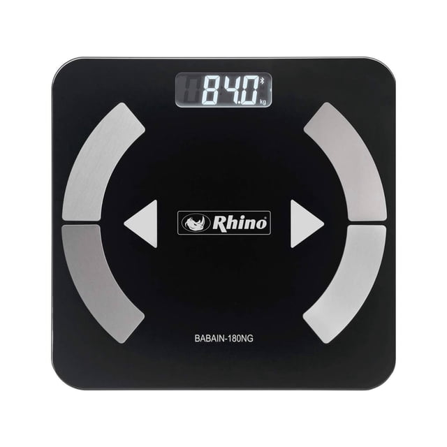 báscula digital personal inteligente 180 kg rhino nvo leon babain-180bl negra, vista cenital frontal con pantalla LCD superior mostrando 84.0 kg; plataforma de vidrio negro con cuatro electrodos de acero inoxidable en patrón circular, logotipo Rhino y modelo BABAIN-180NG en el centro; suele usarse también para seguir métricas corporales en rutinas de bienestar.