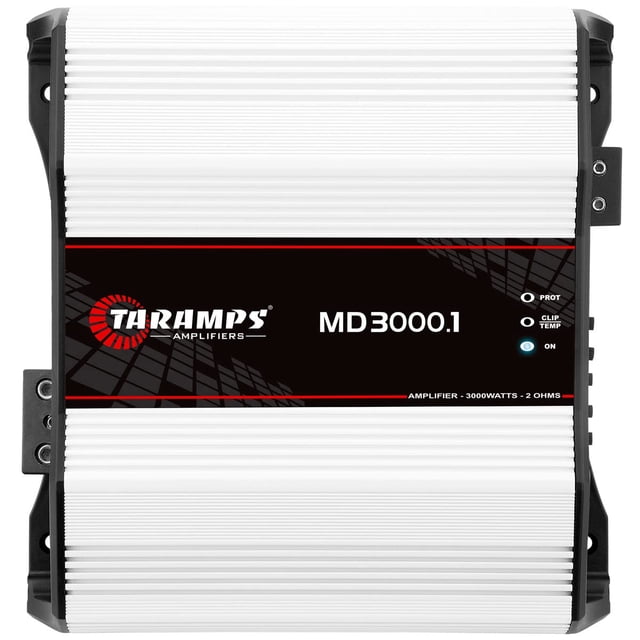 amplificador para coche taramp's md 3000.1 3000 w rms 2 ohmios monobloque clase D, vista cenital con carcasa de aluminio acanalada blanca y panel central negro con líneas rojas; muestra logo Taramps, texto MD3000.1, LEDs de estado (prot, clip, temp, on) y terminales laterales, compacto y apto para impulsar subwoofers, a menudo usado en sistemas de audio de auto de alto rendimiento.