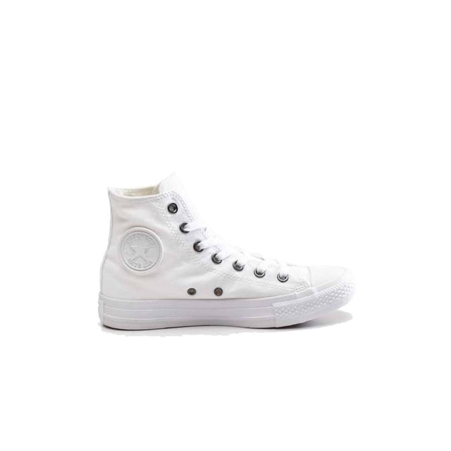 tenis converse all star chuck taylor specialty high top mujer blanco 22 converse 1u646 Tenis blanco de corte alto, vista lateral derecha; parte superior de lona lisa, ojales metálicos, parche circular de estrella en el tobillo en blanco, puntera y suela de goma blanca con patrón de rombos visible y banda trasera reforzada. Acolchado OrthoLite para mayor comodidad; también suele usarse como calzado casual de diario.