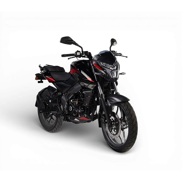 motocicleta bajaj pulsar ns 160 negra 2026 Vista 3/4 frontal de la Bajaj Pulsar NS 160 negra 2026 con faro LED central, tanque esculpido con detalles rojos, asiento dividido elevado, escape lateral, suspensión delantera de horquilla invertida, llantas anchas y frenos de disco delantero y trasero; también suele usarse como opción compacta para trayectos urbanos y viajes cortos.