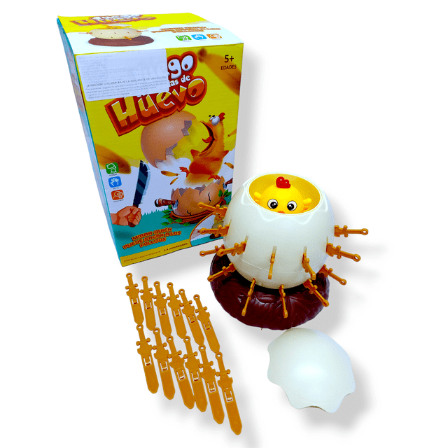 juego de mesa espadas de huevo interactivo para niños vianos limited huevo plástico blanco con ranuras en base marrón y pollito amarillo visible; 24 espadas plásticas naranjas insertadas alrededor y pieza de cáscara separada; caja ilustrada al fondo; juego familiar para 5+ años, a menudo usado como actividad de fiesta infantil.