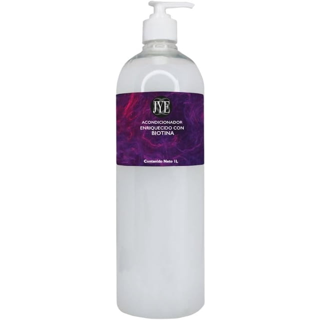 acondicionador de biotina jye 1 litro natural botella de 1 L con dispensador de bomba, etiqueta morada con logo JYE y texto "Acondicionador enriquecido con Biotina", envase cilíndrico translúcido que contiene producto; indicado para uso diario en todo tipo de cabello y adecuado como apoyo para cabello debilitado.