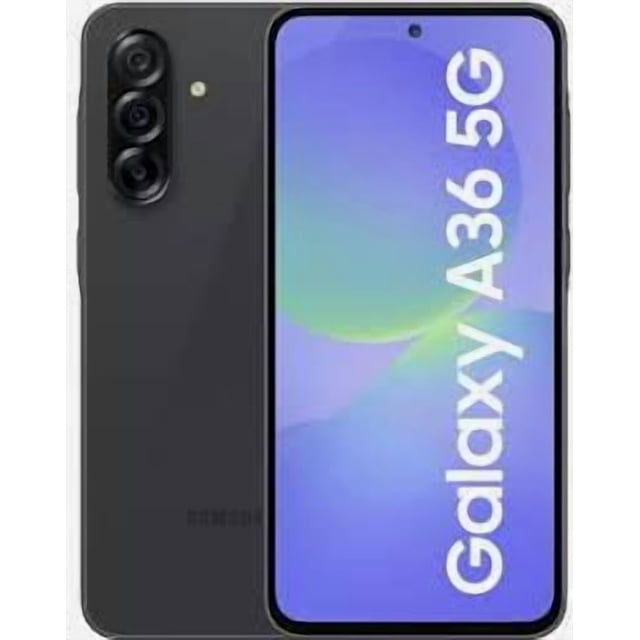 samsung a36 5g 6/128gb negro smartphone negro, vista frontal centrada con pantalla Super AMOLED 6.6" 120Hz mostrando 'Galaxy A36 5G' y cámara perforada, trasera a la izquierda con módulo triple vertical y acabado mate; ideal para gaming y streaming por su pantalla fluida y gran batería de 5000mAh.