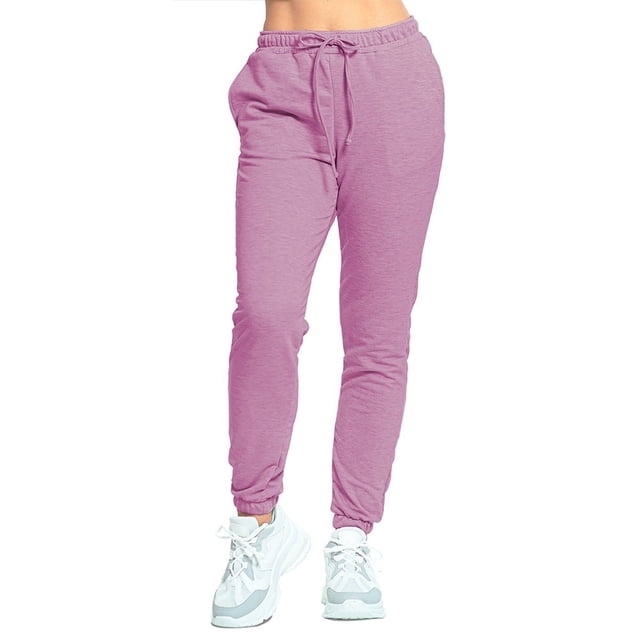 pants jogger para mujer shendy vendy slim fit Purpura, vista frontal centrada de joggers con cintura media y cordón ajustable, bolsillos laterales, pierna cónica y puños en tobillo en tela French Terry de secado rápido con estiramiento en 2 direcciones; indicado para descanso, senderismo y uso casual.