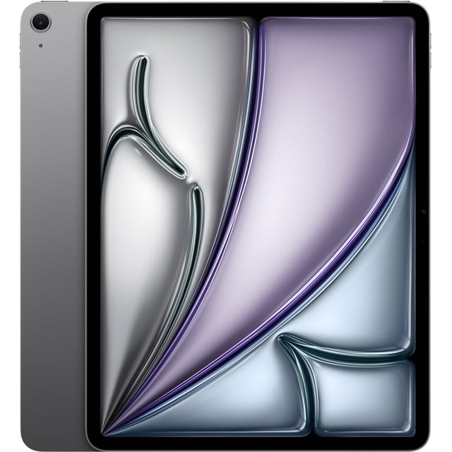 apple ipad air de 13 pulgadas (chip m4) — wi-fi, 128gb (gris espacial) vista frontal y trasera en 3/4: pantalla Liquid Retina de 13" encendida con biseles finos, chasis delgado y color gris espacial, cámara trasera única y botones de volumen visibles; compatible con Apple Pencil y Magic Keyboard, suele usarse también como equipo portátil para edición de fotos y bocetos.