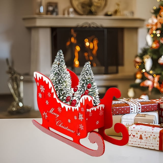 Adorno de mesa para trineo navideño | Escena de trineo de madera en miniatura de Papá Noel | Centro de mesa rústico para las fiestas | Detalles decorativos duraderos para ventanas | Gran tamaño