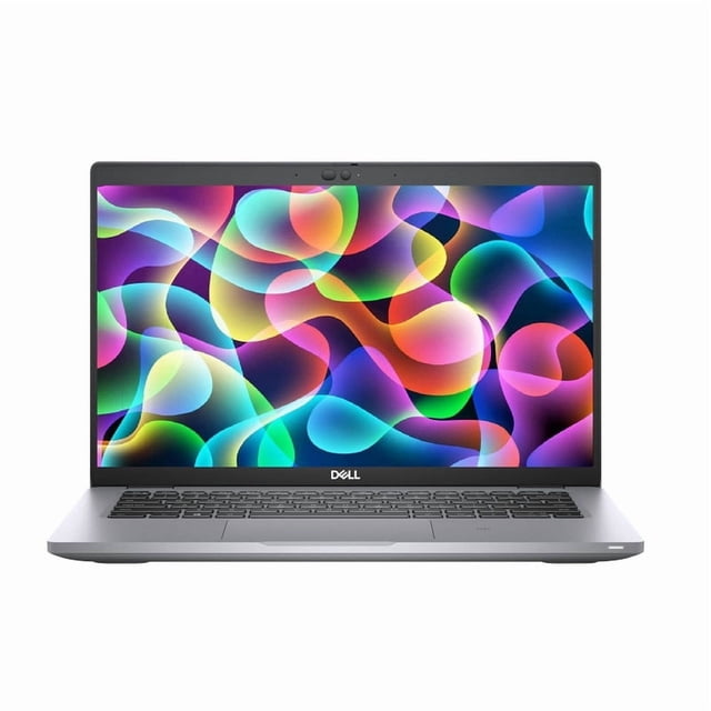 laptop dell latitude 5420- 14" Reacondicionado front-facing view of open 14" Dell Latitude 5420 with silver chassis, centered keyboard and trackpad, HD 1366 x 768 display showing colorful abstract wallpaper, top-center webcam and visible hinge; Intel Core i7-1185G7, 8 GB RAM, 512 GB SSD.