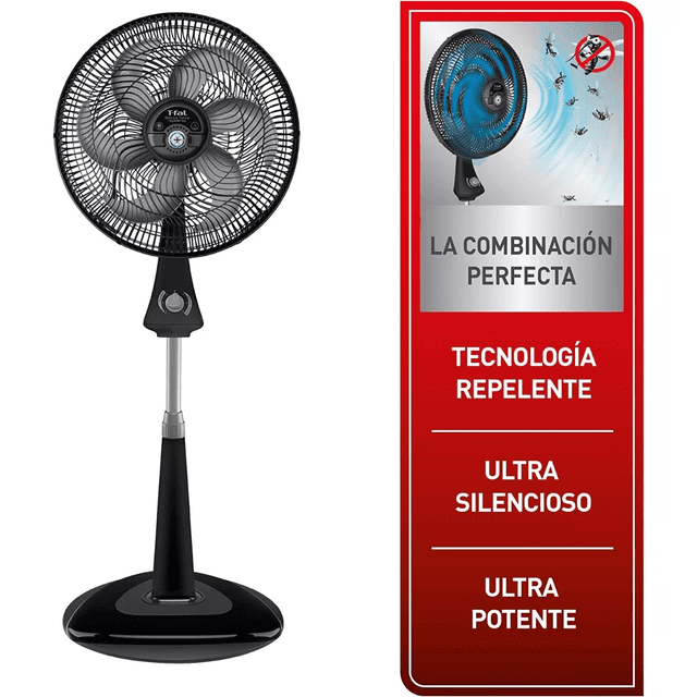 ventilador de pie bloosom t-fal 6 aspa potente silencioso ventilador pedestal negro, vista frontal; 6 aspas cóncavas tras malla plástica aerodinámica removible, base ancha y tubo ajustable para altura, motor de 90 W, oscilante 90° para mejor distribución, control manual con 3 velocidades (incluye modo dormir) y sistema repelente patentado; también suele usarse para refrescar áreas de trabajo o terrazas pequeñas.