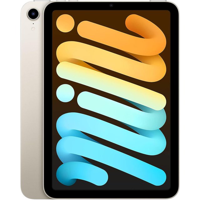 tablet apple ipad mini 6th gen chip a15 bionic 64gb 12mp 8.3 ipados starlight iPad Mini 6 en color starlight, vista frontal con pantalla Liquid Retina IPS de 8.3" (2266 x 1488) mostrando fondo abstracto, bordes redondeados, cámara trasera gran angular de 12MP en la esquina y cámara frontal ultra gran angular de 12MP en el marco superior; diseño compacto ideal para lectura y toma de notas.